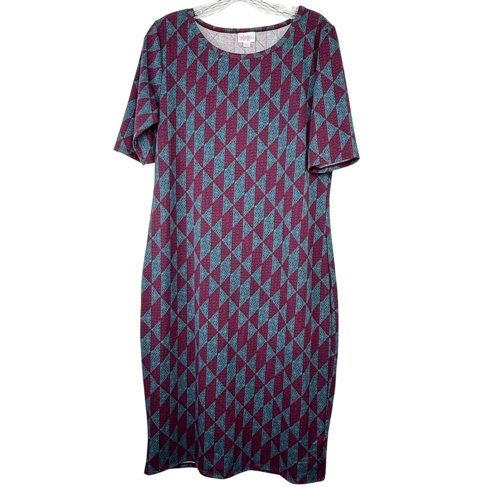 LuLaRoe Julia Dress Womens Large Burgundy Teal Geometric Diamond Sheath Midi